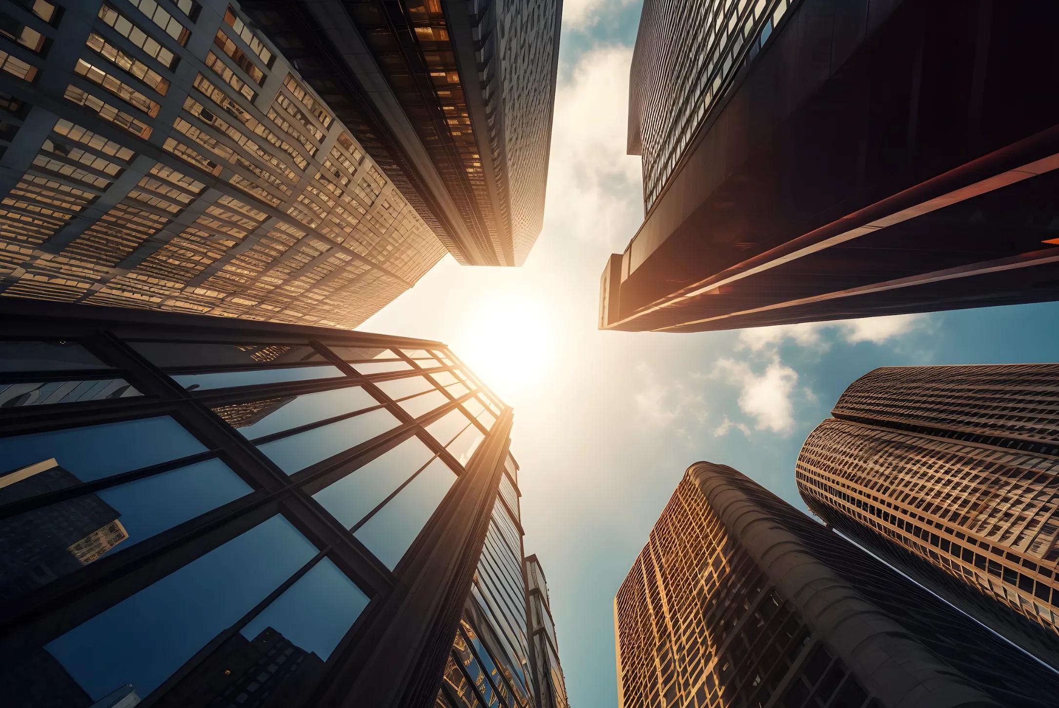 Upward view of tall city skyscrapers surrounding the sun on a bright day, with reflections on the glass buildings.